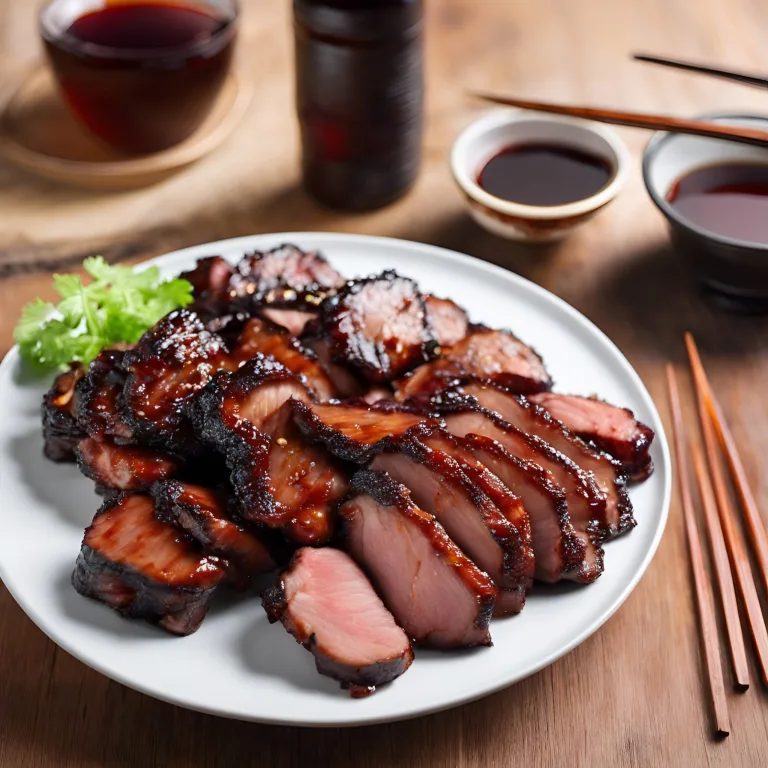 Char siu on a plate with soy sauce