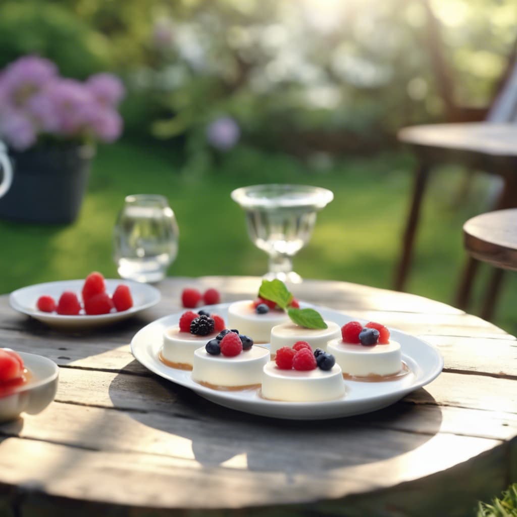 Panna Cotta served outside on a tray in the garden