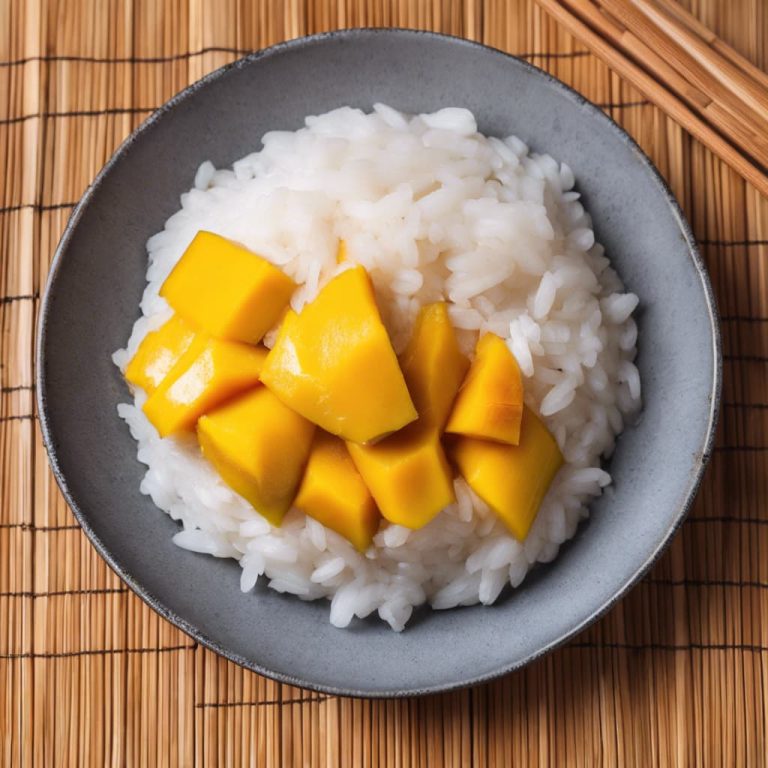 Mango sticky rice on plate with bamboo table cover
